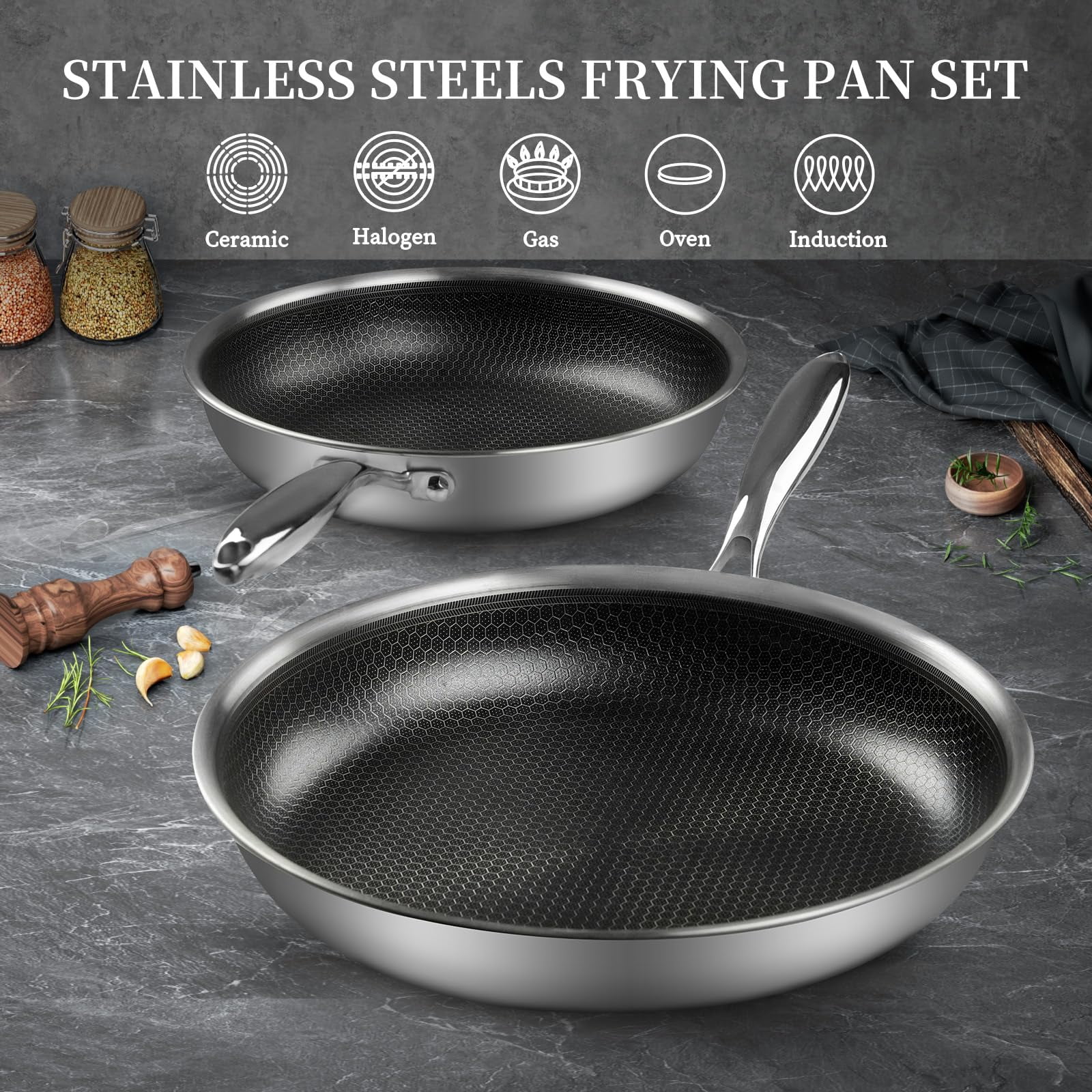 Open Box Innerwell Stainless Steel Non Stick Frying Pan Skillet Set with Cooking Lid and Stay Cool Handle, 10" and 12", 4 Piece