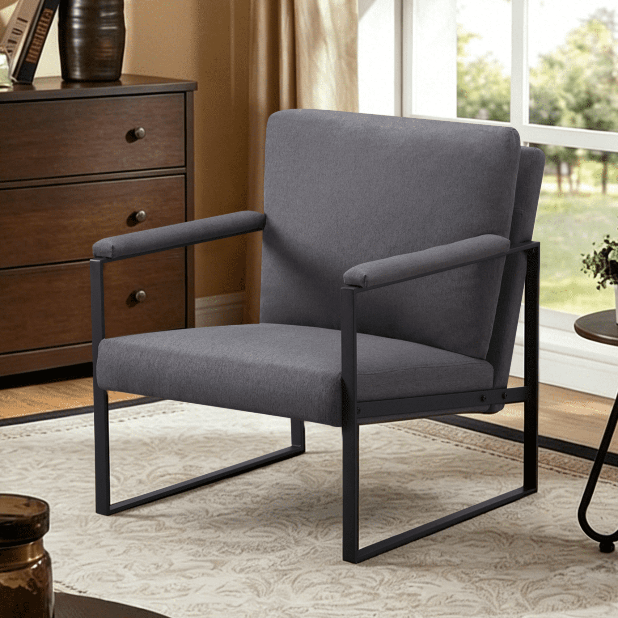 Gewnee 26.8”Black Metal Frame Accent Armchair,Padded Square Arms,High-Density Foam,Removable Washable Back Cushion – Easy Assembly for Living Room,Bedroom,Study.Dark Grey