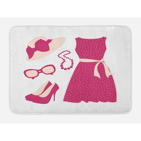 Colored Heel - Fashion Bath Mat, Pastel Colored Dress Hat with a Ribbon High Heels and Necklace Woman Clothing, Non-Slip Plush Mat Bathroom Kitchen Laundry Room Decor, 29.5 X 17.5 Inches, Pale Peach Pink, Ambesonne