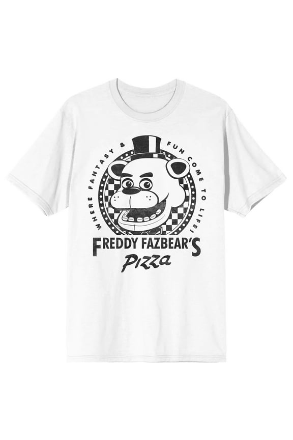 Freddy Fazbear's Pizza Where Fantasy & Fun Come To Life Men's White Crew Neck Short Sleeve T-shirt-XL