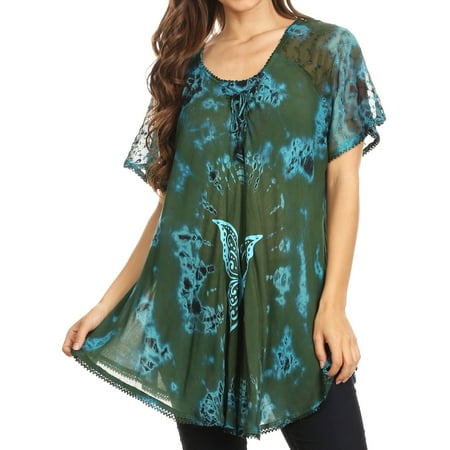 - Sakkas Mayar Womens Tie-dye Short Sleeve Everyday Top Blouse with Lace & Corset - Green - One Size Regular