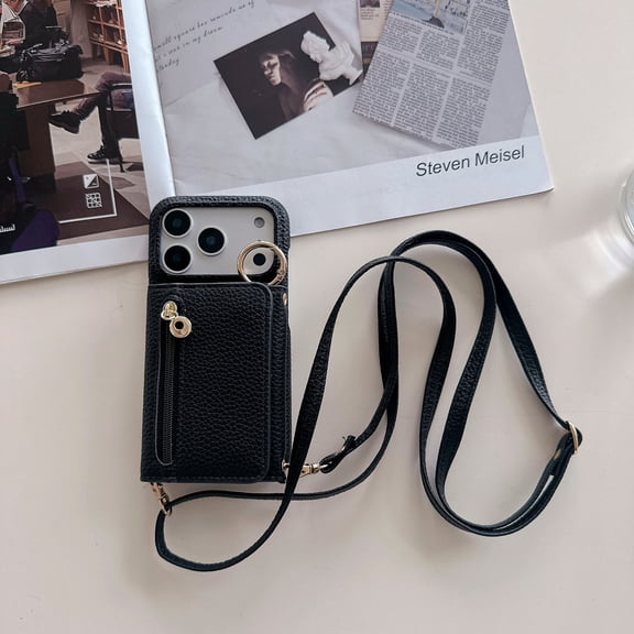 3-in-1 Wallet Case for iPhone 17 Pro Max, PU Leather Card Holder with Shoulder Strap, Multi-Function Tri-Fold Design with Cash Pocket & ID Window, Black