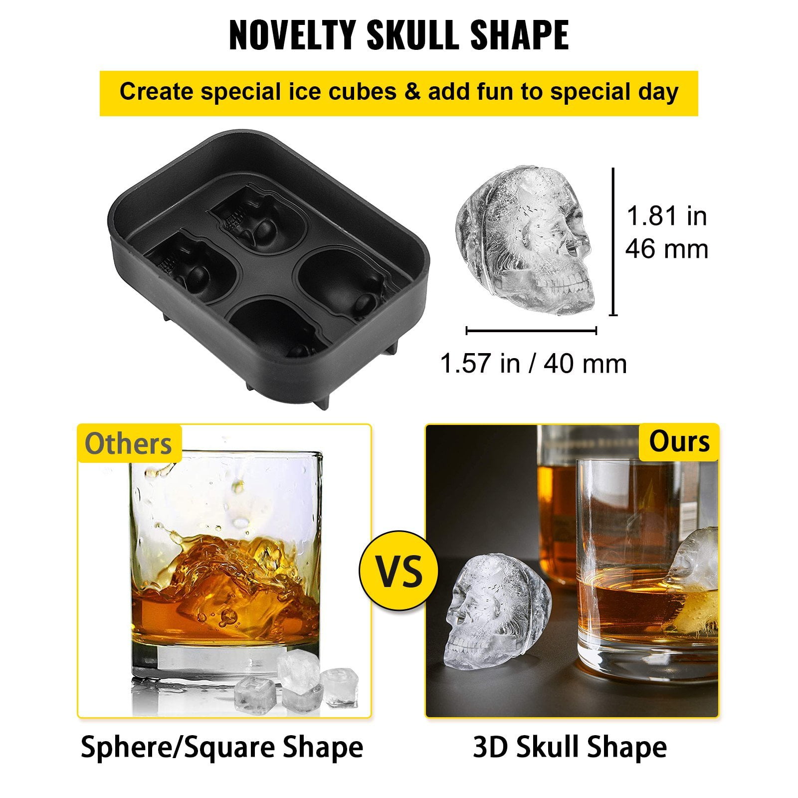 4-Grid Skull Ice Cube Tray with Lid & Funnel, Flexible Black Silicone Mold for Halloween Cocktails, Party Drinks – Makes 1.6” Skull Ice Cubes (BPA-Free)