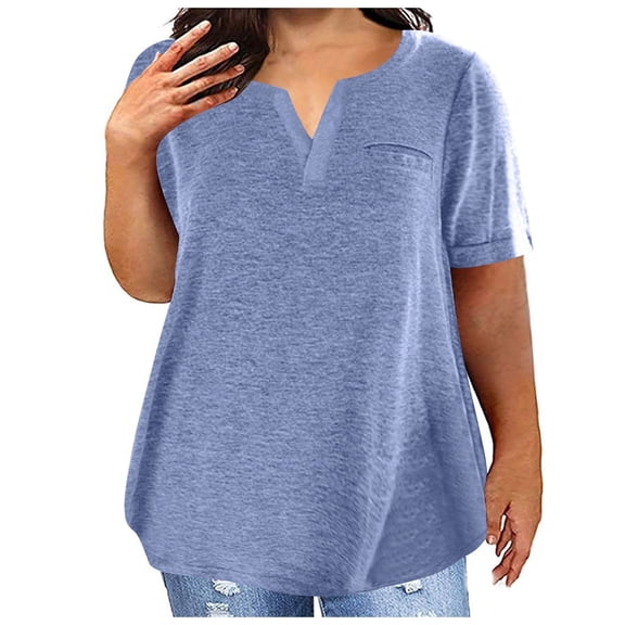 Womens Plus Size T-Shirts Cotton Short Sleeve V Neck Tops Loose Summer Tee Shirts Casual Plain Tshirts, 2XL Blue #B