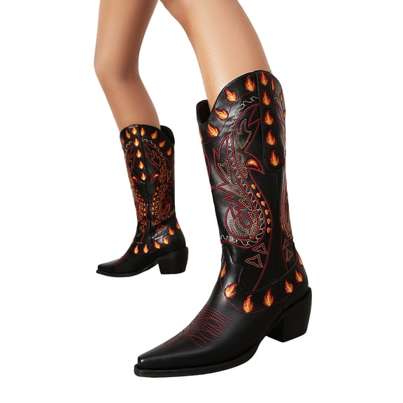 Mid Calf Cowboy Boots for Women Fashion Flame Embroidery Chunky Stacked Heel Pointed Toe Pull on Western Country Concert Cowgirl Boots Black 6.5