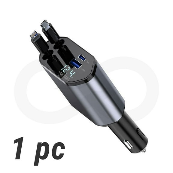 4-in-1 Retractable Car Charger, 120W USB-C Fast Adapter with Lighting Cable & Dual Ports for iPhone, iPad, AirPods, Samsung, Google Pixel