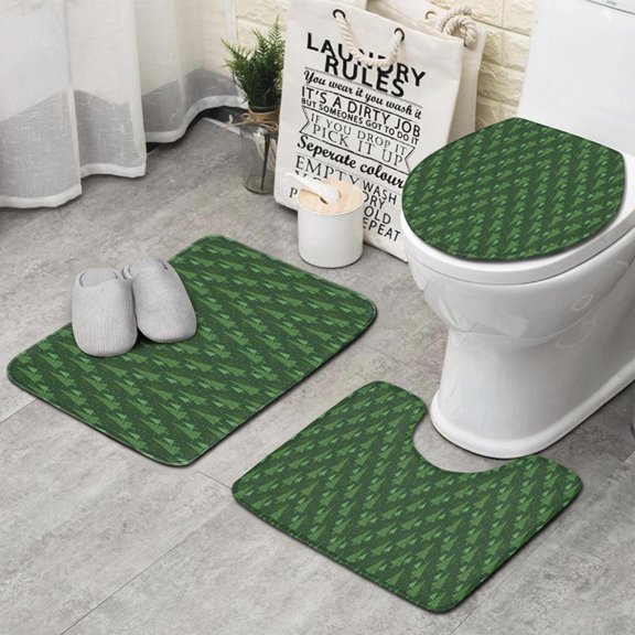 Green Christmas Tree Pattern Bathroom Rugs Sets 3 Piece,Toilet Cover Set,Absorbent Non Slip Bathroom Mats Sets with U-Shaped Contour Rug Toilet Rug Set