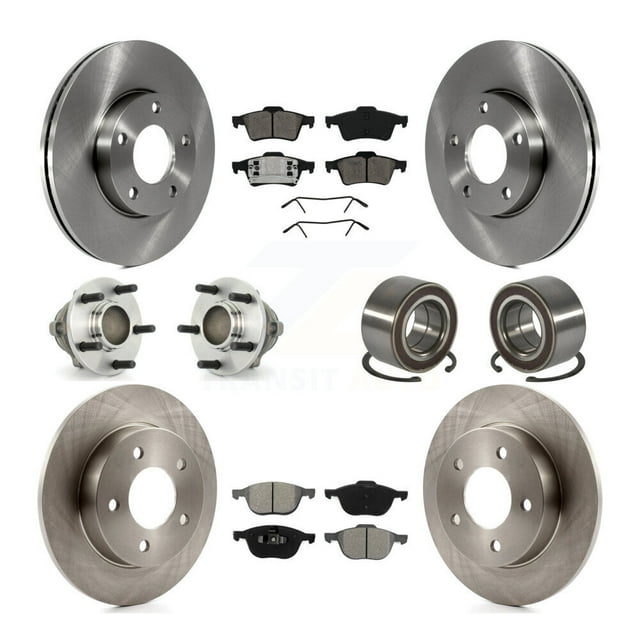 Transit Auto Front Rear Hub Bearing Assembly Disc Brake Rotor and Semi-Metallic Pads Kit (10Pc) for Car 2005 Mazda 3 2.0L with 4-Wheel ABS From 01 05 - Left Right Side (Driver Passenger) KBB-106685