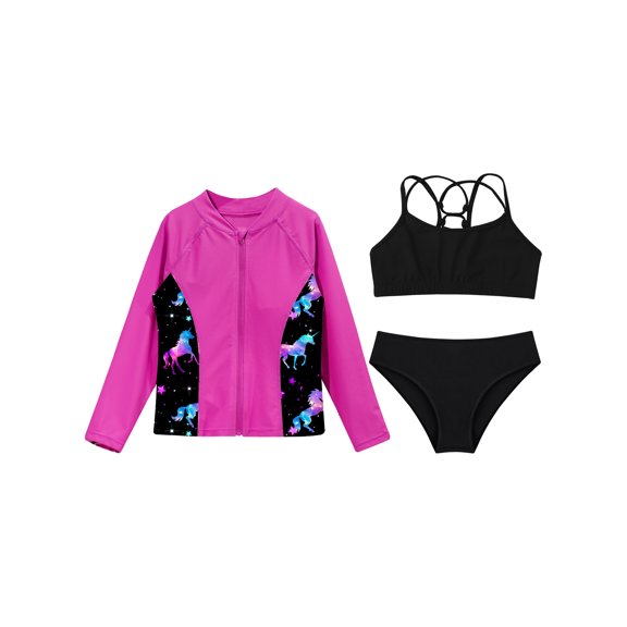 Alvivi 3Pcs Kids Girls Swimsuit Long Sleeve Top with Sleeveless Crop Top and Briefs Rashguard Sets Swimwear Black&Hot Pink 8