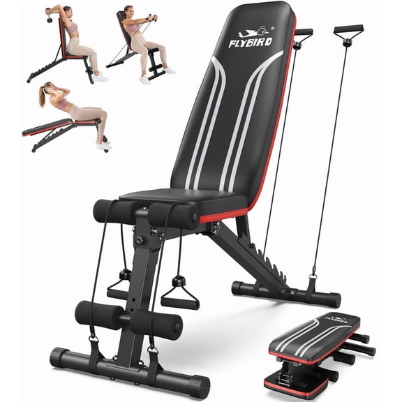 Flybird Adjustable Folding Weight Bench for Home Gym, Includes Resistance Bands