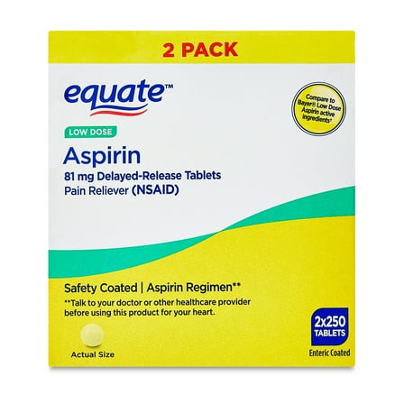 Equate Low Dose Aspirin Pain Relief Safety Coated Tablets, 81 mg, 500 Count (2x250 Count), Compare to Bayer® Low Dose Aspirin Active Ingredient