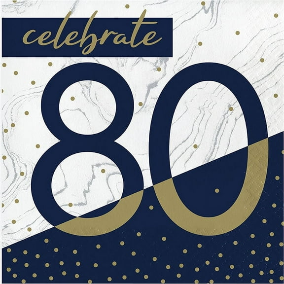 192 Count Bulk Pack Navy and Gold 80th Birthday Luncheon Napkins