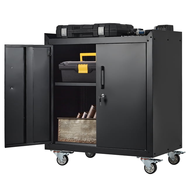 Armoire de Rangement en Métal, Armoire Noire Verrouillable avec Tablette Ajustable et 2 Portes, Armoire à Outils en Acier Verrouillable avec Roues, Armoire de Rangement de Garage pour Bureau à Domicile
