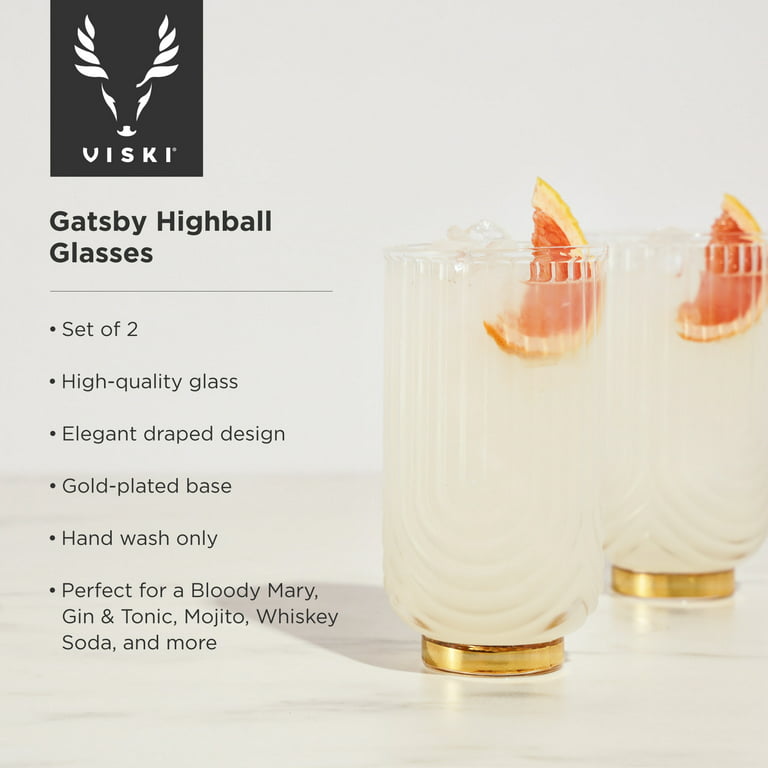 Viski Gatsby Highball Glasses Set of 2 - Vintage Drinking Glass, Art Deco  Ripple Glassware Arch Design, 15oz Gold Plated Base Collins Glasses Set in  2023