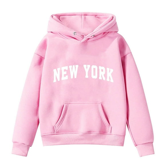 Zpanxa New York Letter Print Hooded Sweatshirt, Boys Girls Soft Fleece Pullover with Drawstring Pocket, Long Sleeve Urban Streetwear Top for Toddler Youth 1-14 Years
