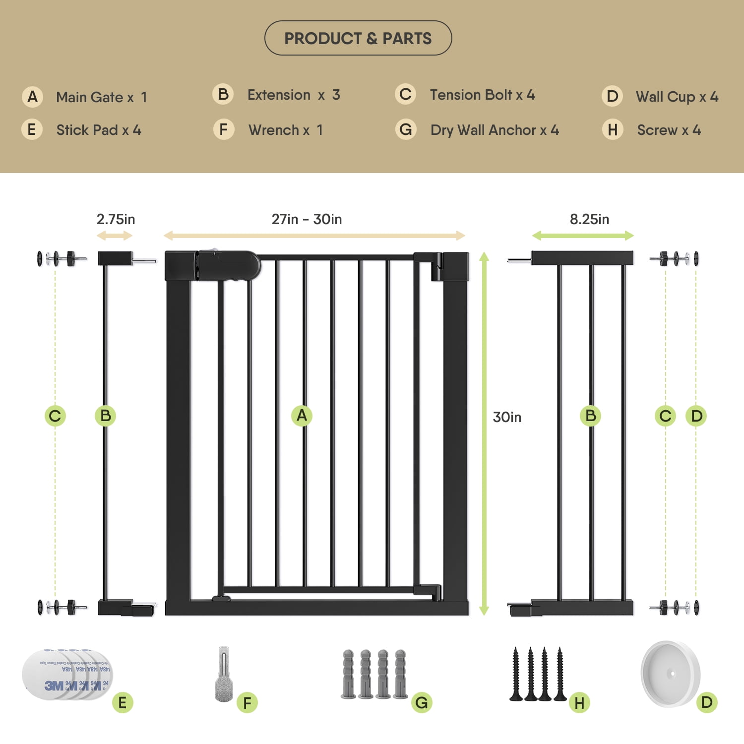 27-43" Baby Gate for Stairs, Dog Gate for Doorways, Pressure Mounted Pet Gates for Dogs Indoor, Durable Safety Child Gate with Easy Walk Thru Door, Black