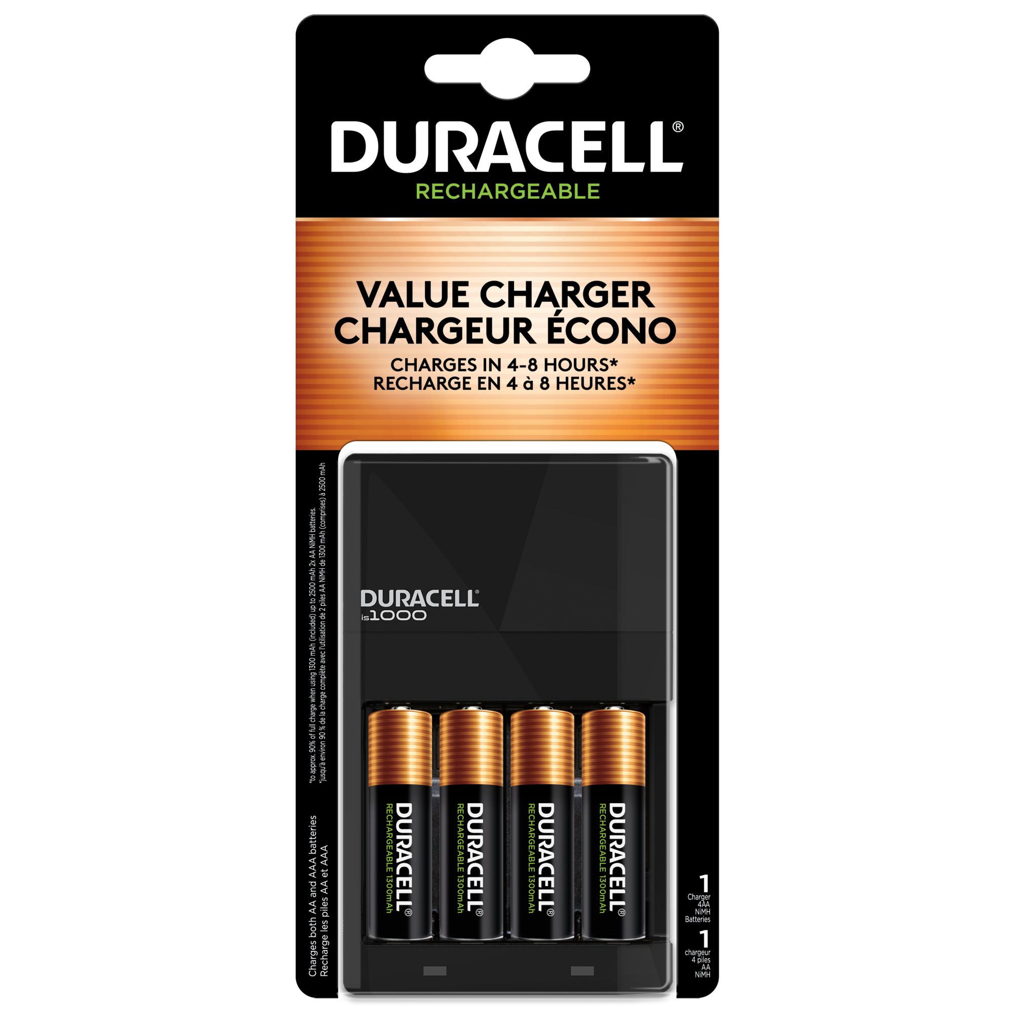 Duracell ION SPEED 1000 Rechargeable Battery Charger, Includes 4 AA NiMH Batteries, Multicolor