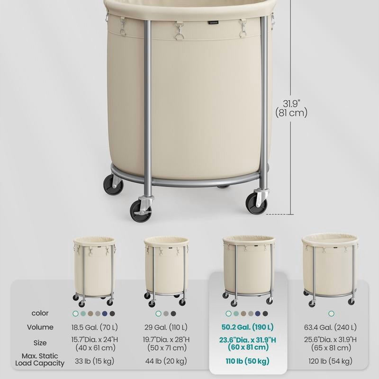 SONGMICS HOME Laundry Basket with Wheels, Rolling Laundry Hamper, Round Laundry Cart with Steel Frame and Removable Bag ,Organiser