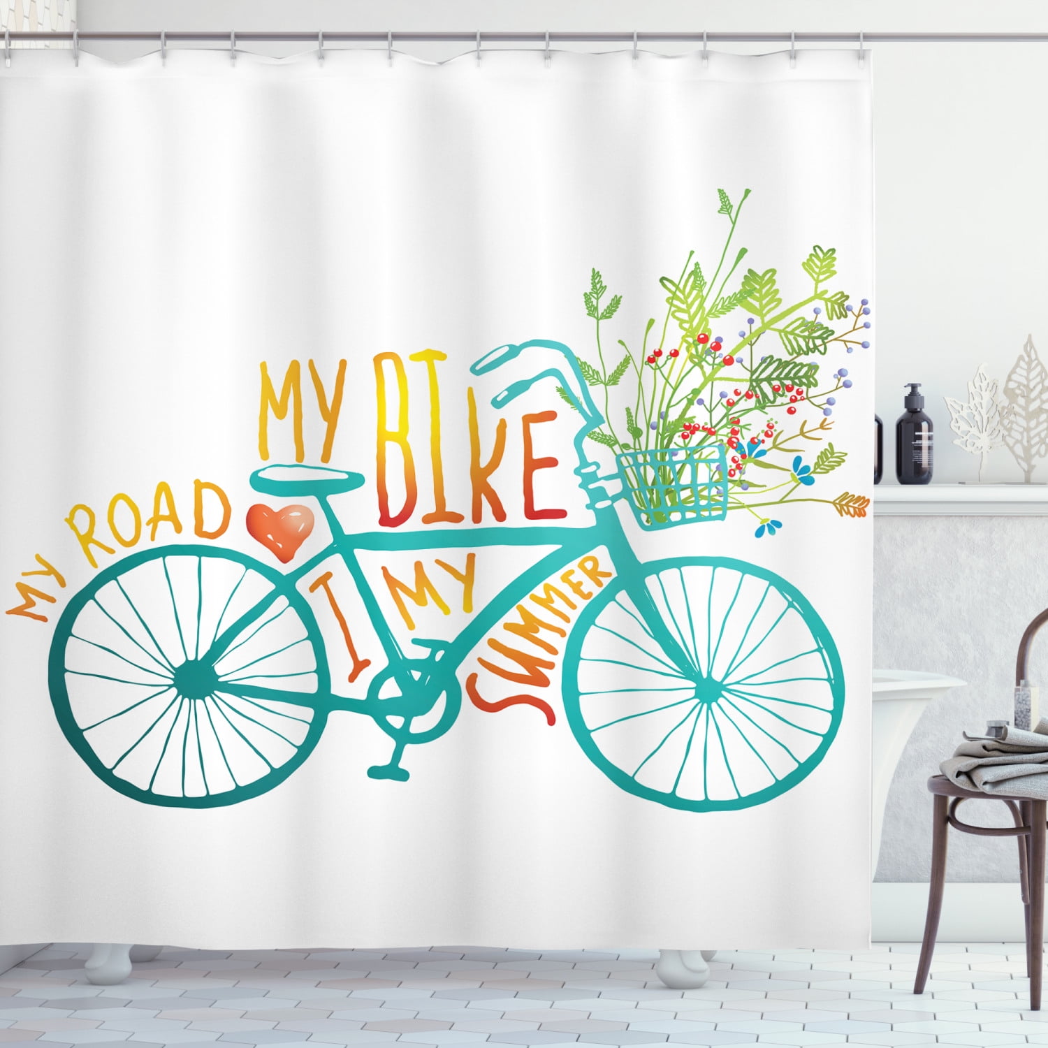 Bicycle Shower Curtain Fabric Bathroom Decor Set with Hooks 4 Sizes Available 