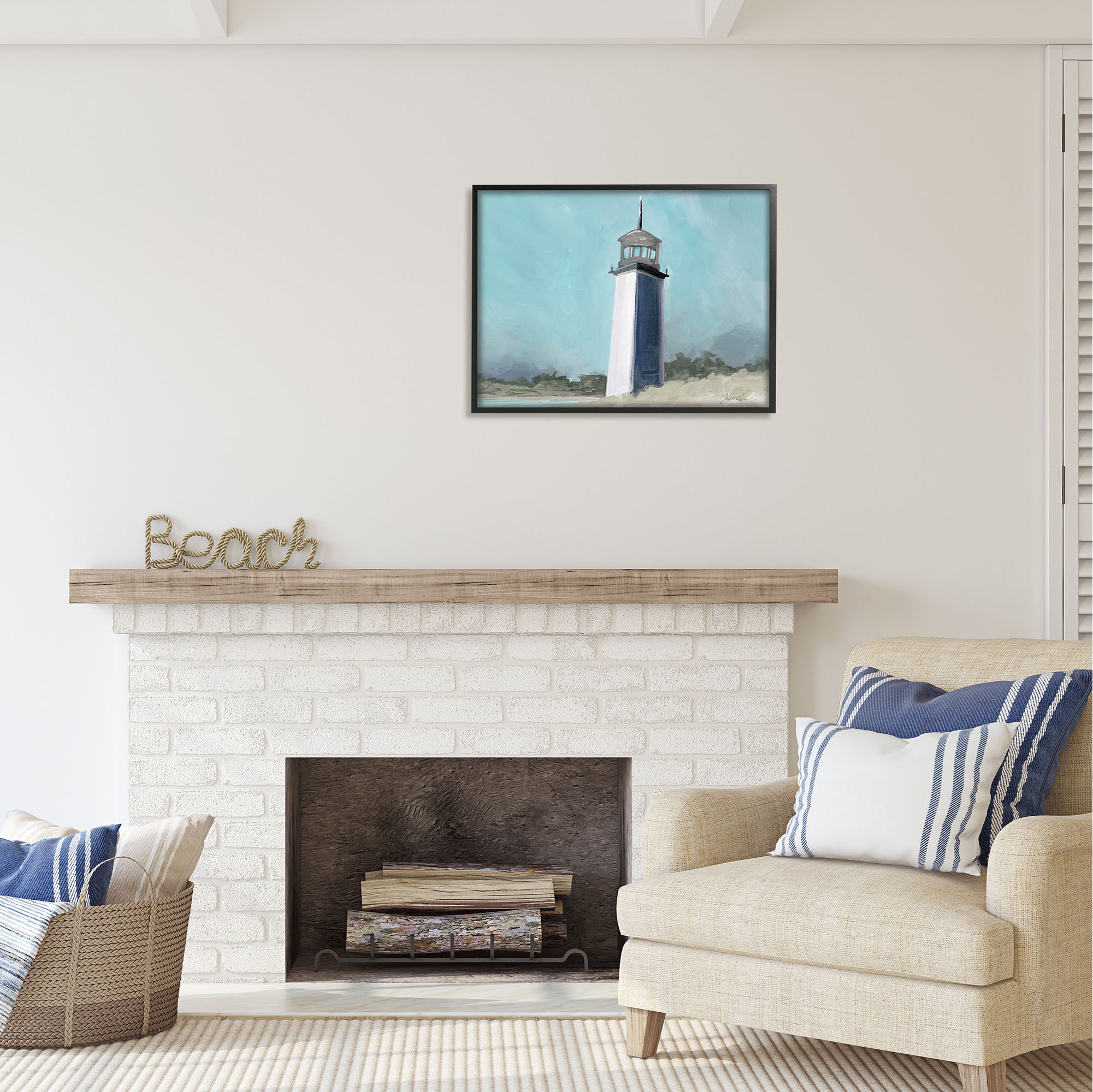 Stupell Industries Muted Lighthouse Landscape Nature Painting Black Framed Art Print Wall Art, 30 x 24