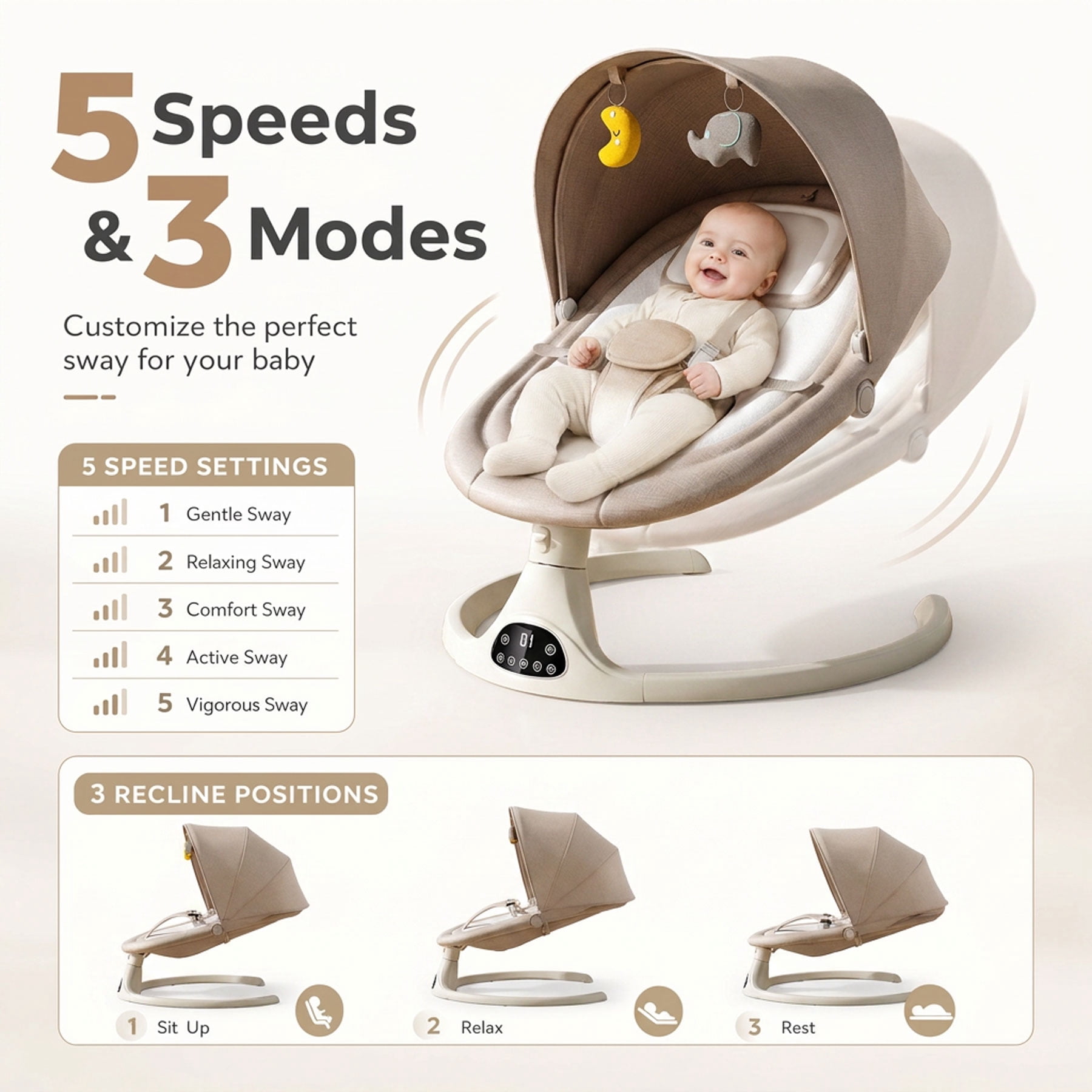 Oioane Electric Baby Swing for Infants, 5 Speeds & 3 Modes with Bluetooth Music, App Remote Control, Gray