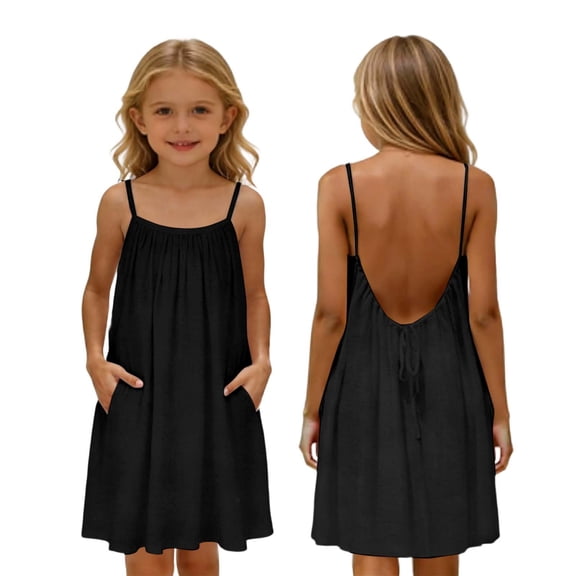 RUTAYY Children Girls Dress Sleeveless Pocket Round Neck Lightweight Everyday Casual Party Wear Beach Vacation Dresses