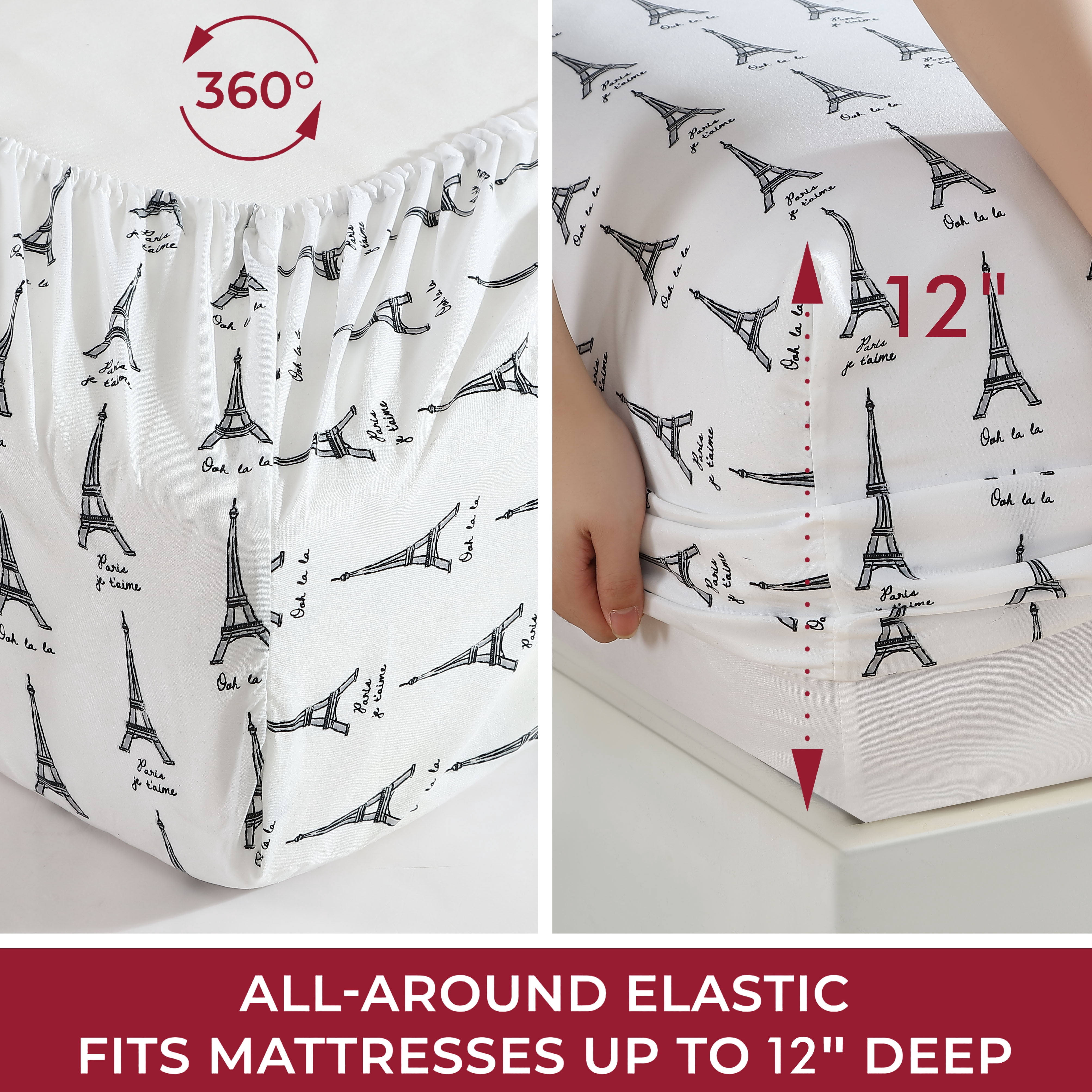 Beatrice Home Fashions, Whimsical Print 4PC Sheet Set, Full, Paris White