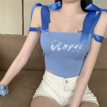 

Women’s Casual Bandage Knitted Camisole Fashion Letter Embroidery Exposed Navel Suspender Tops