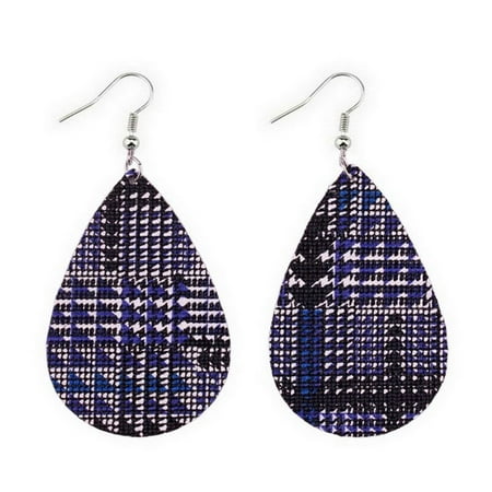 Double Teardrop Earrings - Women Lightweight Textured Double Sided Leather Teardrop Dangle Earrings (Blue)