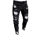 thumbnail image 2 of Men Stretchy Ripped Skinny Biker Hip Hop Jeans Destroyed Taped Patch Slim Pencil Denim Long Pants, 2 of 5