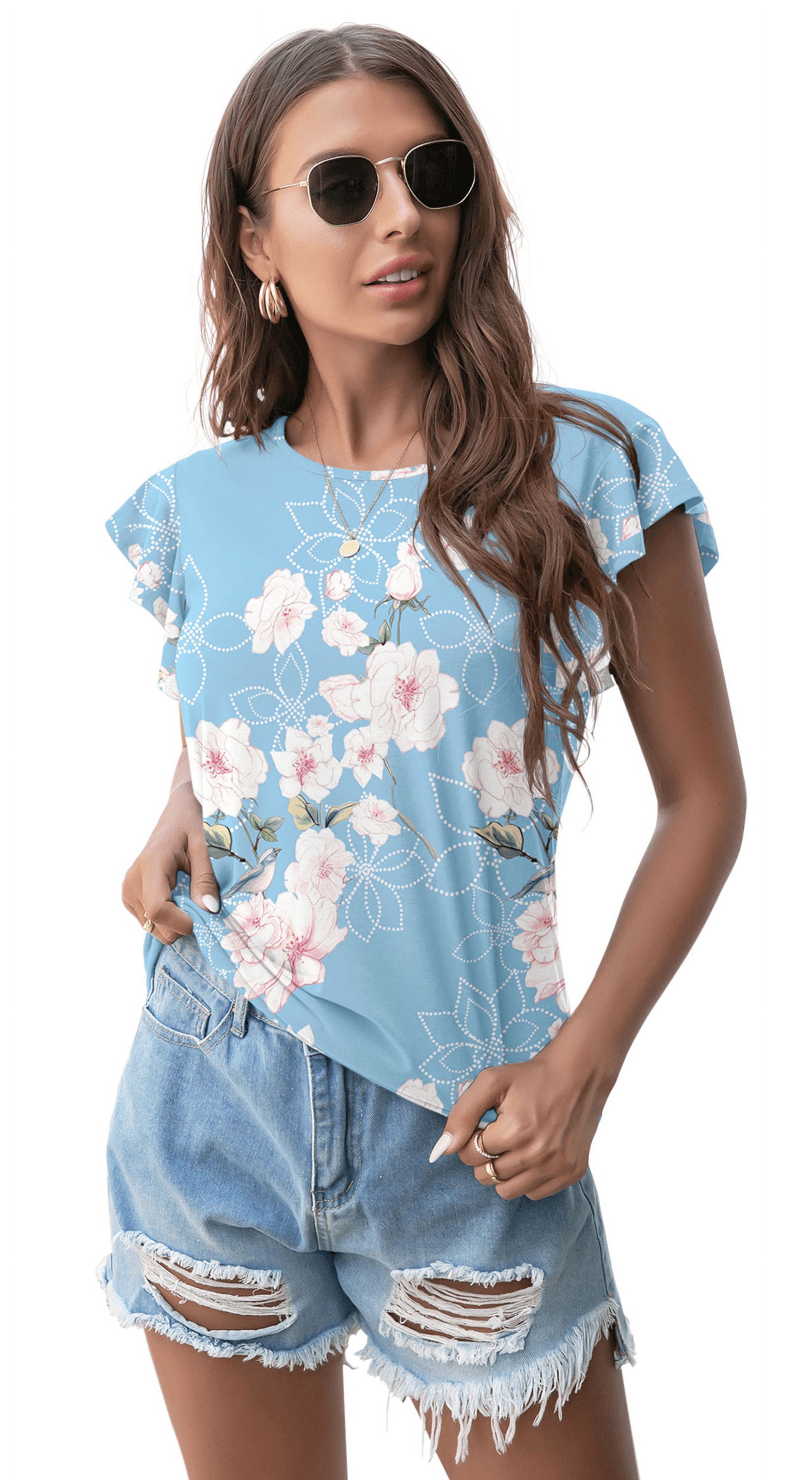 JWD Women's Ruffle Round Neck Short Sleeve Casual Top, Blue photo 4