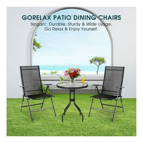 Folding Patio Chairs Set of 2, Adjustable Reclining Outdoor Dining Chairs, Portable Steel Frame Lounge Chairs for Deck, Poolside, Garden, Black