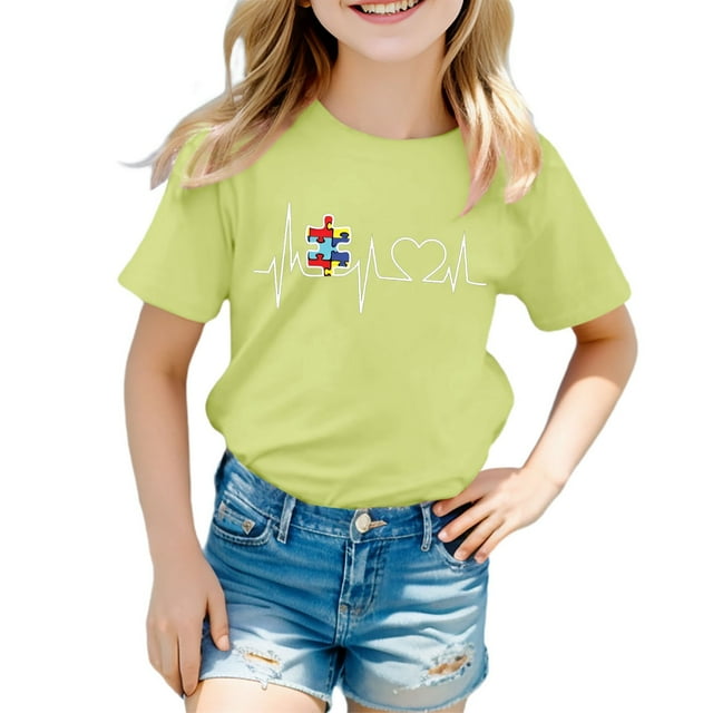 T-shirts pour Filles, Été, Décontracté, Imprimé Graphique, Col Rond, Manches Courtes, Coupe Ample, Confort, Blouses pour Enfants, 5-6 Ans