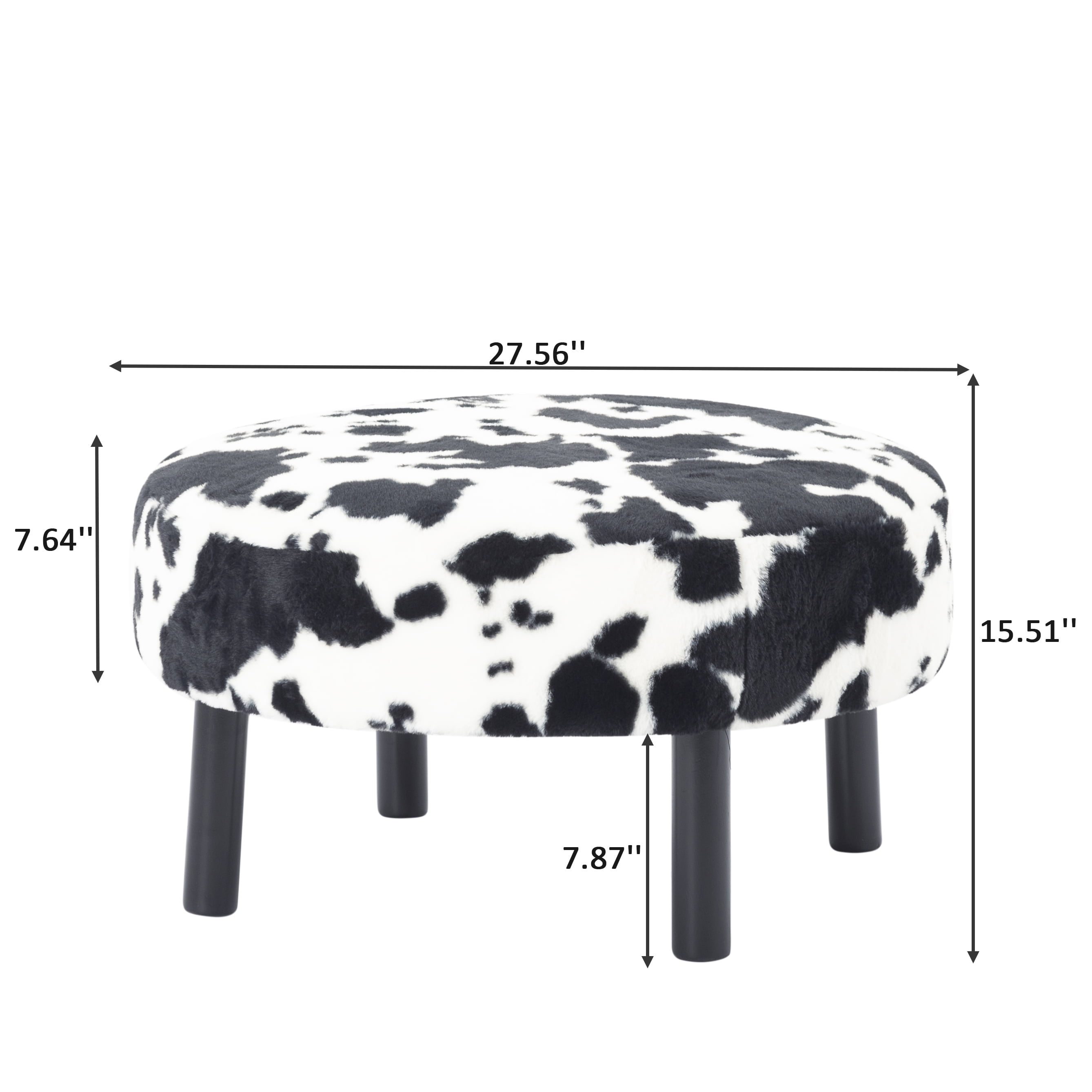 BSHTI 27.56 Inch Plush Round Ottoman with Faux Rabbit Fur, Sturdy Solid Wood Legs for Living Room, Accent Seat & Footrest(Cow Print)