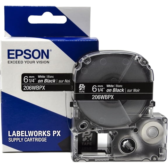 Epson LABELWORKS 206WBPX - White on Black PET Label Maker Tape - 1/4" (6MM) Wide, 30'
