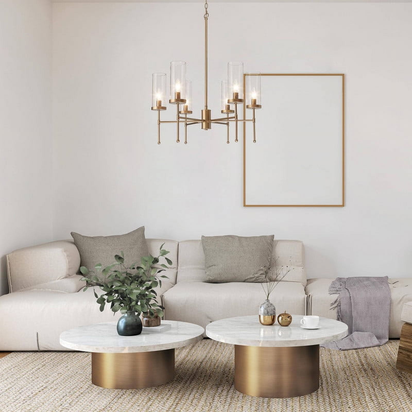 LNC 6-Light Matte Gold Cylinder Chandelier with Seeded Glass for Kitchen Island