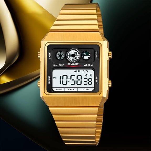 Men's Waterproof Digital Watch with Alarm, Stainless Steel Bracelet, Multifunctional Sports and Casual Use, LED Light Fashion Watch Gold
