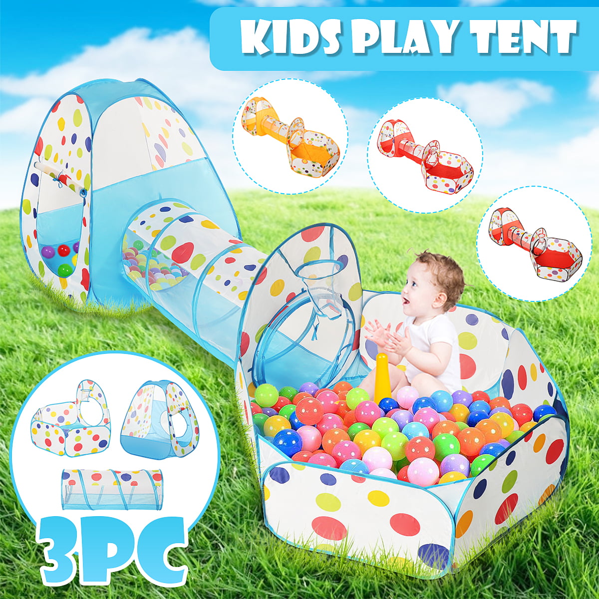 Portable 3 in 1 Childrens Kids Baby Play Tent Tunnel Ball Pit Playhouse Pop Up 