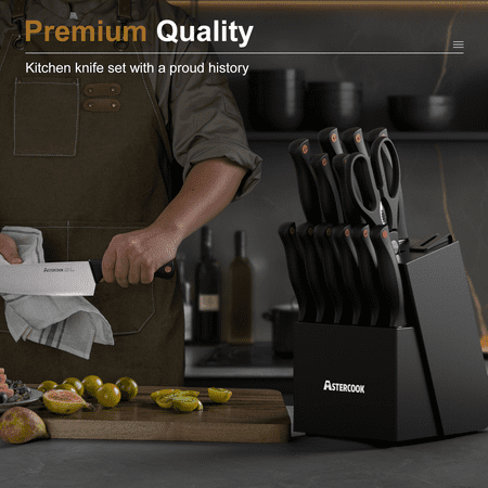 Astercook 15-Piece Kitchen Knife Set, Knives Block Set with Built-in Sharpener, Healthy Anti-Rust Coating & German Stainless Steel Knife Set, Dishwasher Safe Black
