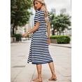 thumbnail image 2 of Navy And White Striped Short Sleeve Midi Dress With Side Slit Casual Womens Dress, 2 of 4