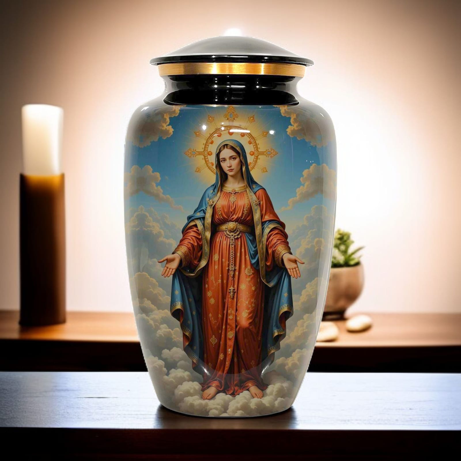 Devotional Religious Cremation Urn For Human Ashes with Sacred Art - Adult Size Urn Ashes - 200 Cubic Inches - Velvet Bag Included