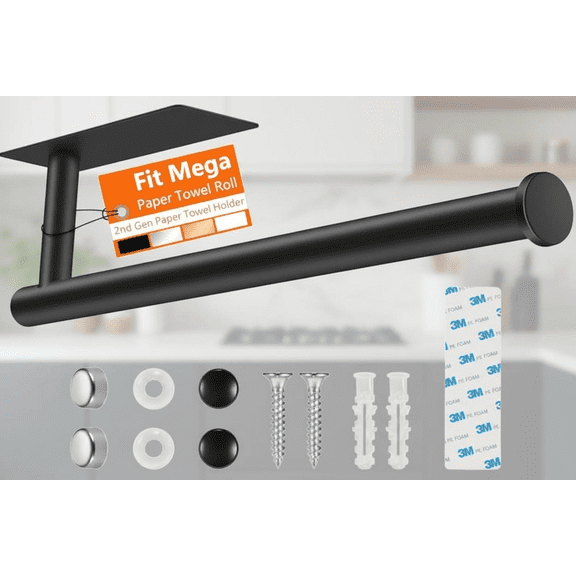 Sturdy Under Cabinet Paper Towel Holder, No Drilling Required with Strong Adhesive or Wall Mount Option, Fits Large Jumbo Rolls, Durable 304 Stainless Steel for Kitchen, RV, and Home Use
