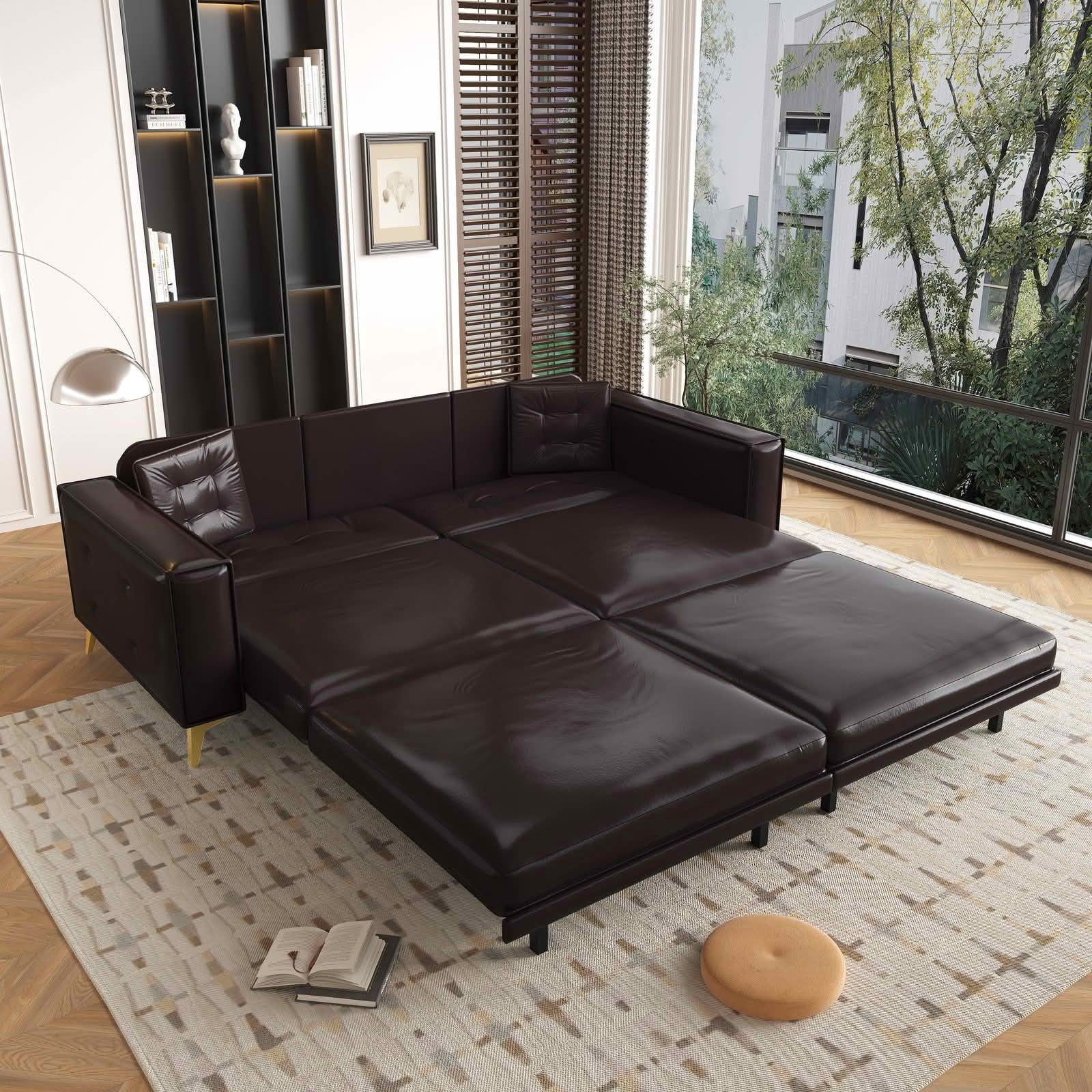MAYEERTY 92.1" King Size Pull‑Out Sofa Bed, 3‑in‑1 Faux Leather Convertible Sleeper Sofa, Tufted 4‑Seater Couch with Wide Armrests, 2 Pillows Included