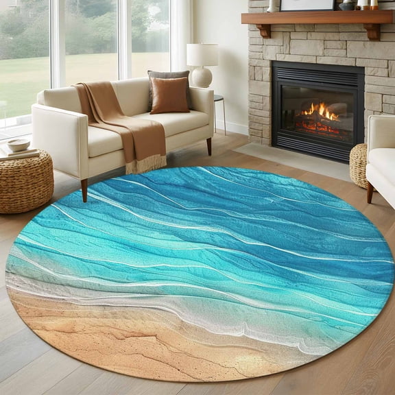 8ft Round Rug, Aqua Ombre Coastal Non-Skid Rubber Backing Large Area Rugs - Living Room Bedroom Home Office, Summer Nautical Beach Ocean Seaside Indoor Floor Mat Carpets Washable Rug