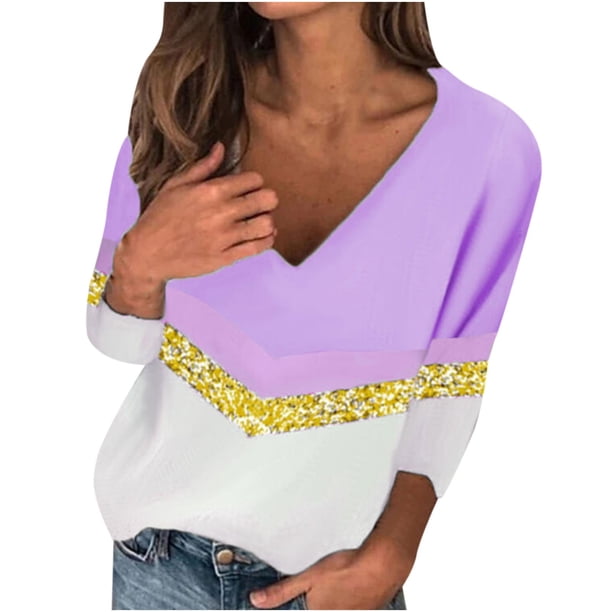 Camiseta con cuello en V de manga larga con estampado de cobertura suelta de costura de moda informal para mujer Fridja hkj3860