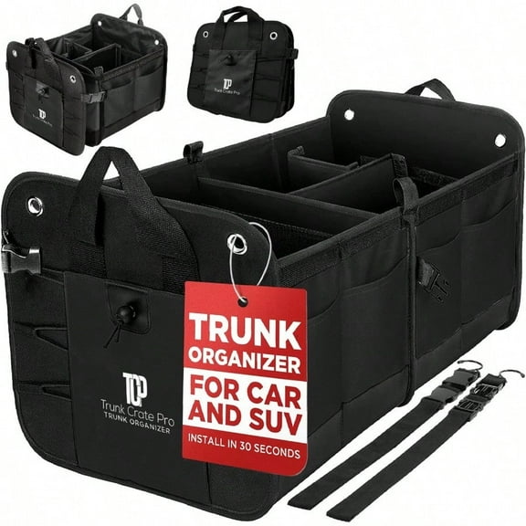 Trunk Organizer For Car Suv Truck Premium Adjustable Multi Compartments Collapsible Car Trunk Organizer With Securing Straps NonSlip Bottom Large Size Black