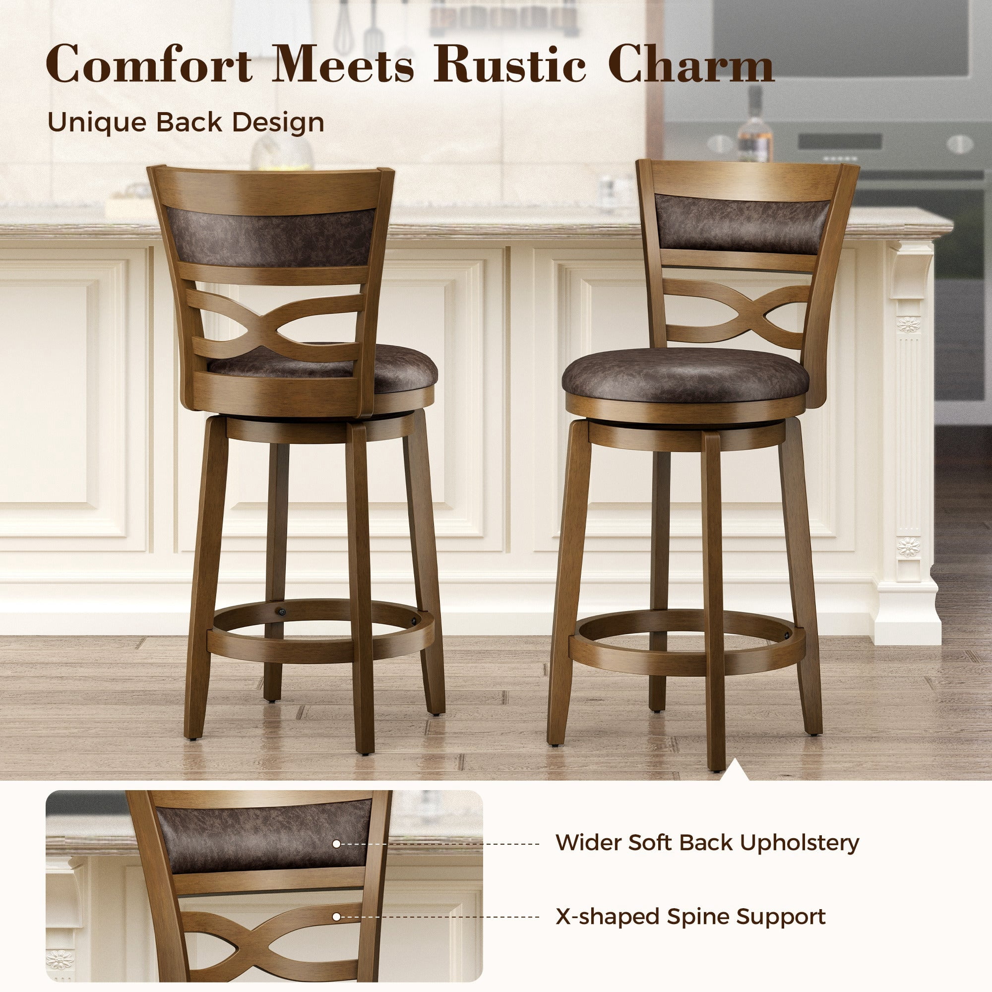 MF Studio 26" Counter Height Bar Stool with Back Set of 2, Wood Swivel Bar Stool with Thick Upholstery Back & Extra Large Seat, Jacobean