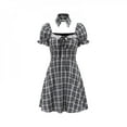 thumbnail image 1 of Rétro Plaid Puff Manches Robe Coréenne Mode Taille Haute Slim Robes Femmes Col Carré Robe Arc Noir XL, 1 of 5