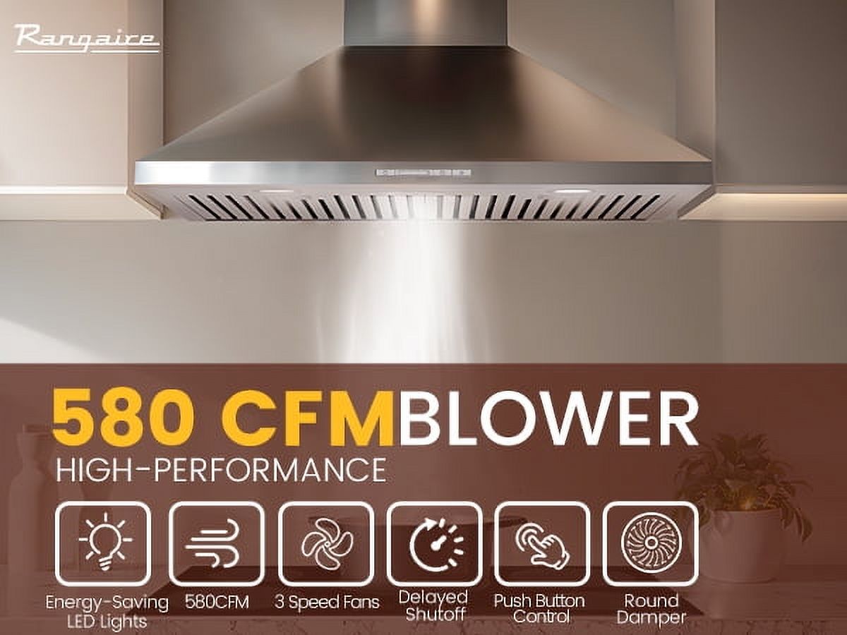 Rangaire RHWMP30S 30" Wall Mounted Hood - Stainless Steel, 3 Speed Fan, LED Lights, Push Button Control