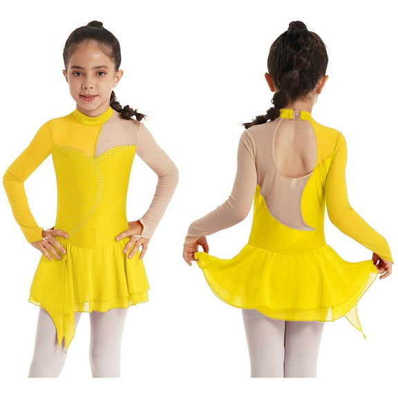 Aislor Kids Girls Long Sleeve Rhinestone Figure Ice Skating Dress Gymnastics Leotard Dance Dress Tutu Skirt